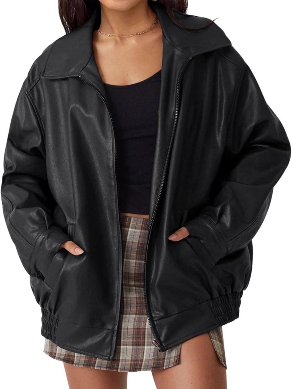 Black Faux Leather Bomber Jacket